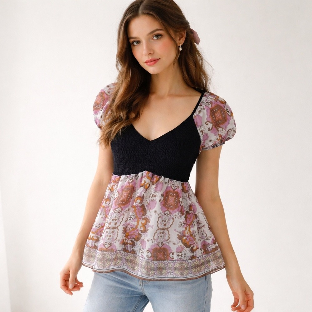 Jazzie Babydoll Top 2X Black Purple Paisley Smocked Empire Waist Boho Y2K